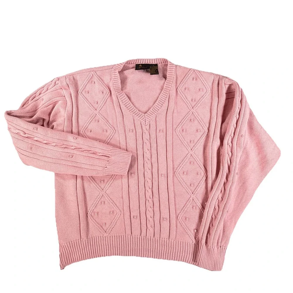 Vintage Liz‎ Sport Floral Pink Pearls Cable Knit Sweater Cottage Core Sweater M